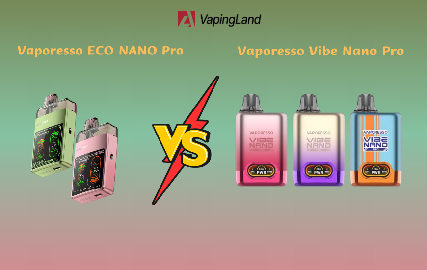  Comparison of Vaporesso ECO Nano Pro and Vaporesso Vibe Nano Pro devices in different colors.